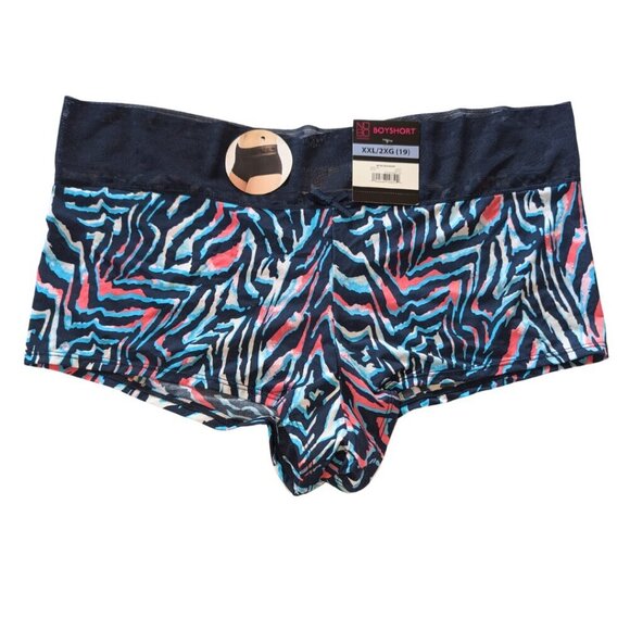 XXL 2XG BLUE BOYSHORT PANTIES LACE PRINT NO BIND BAND SILKY GATHERED BACK NWT - Picture 1 of 2